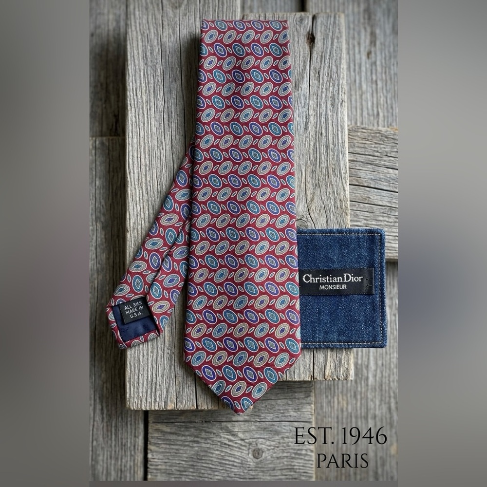 VTG Christian Dior Monsieur Silk Tie Maroon Red Blue Geometric Medallion USA
